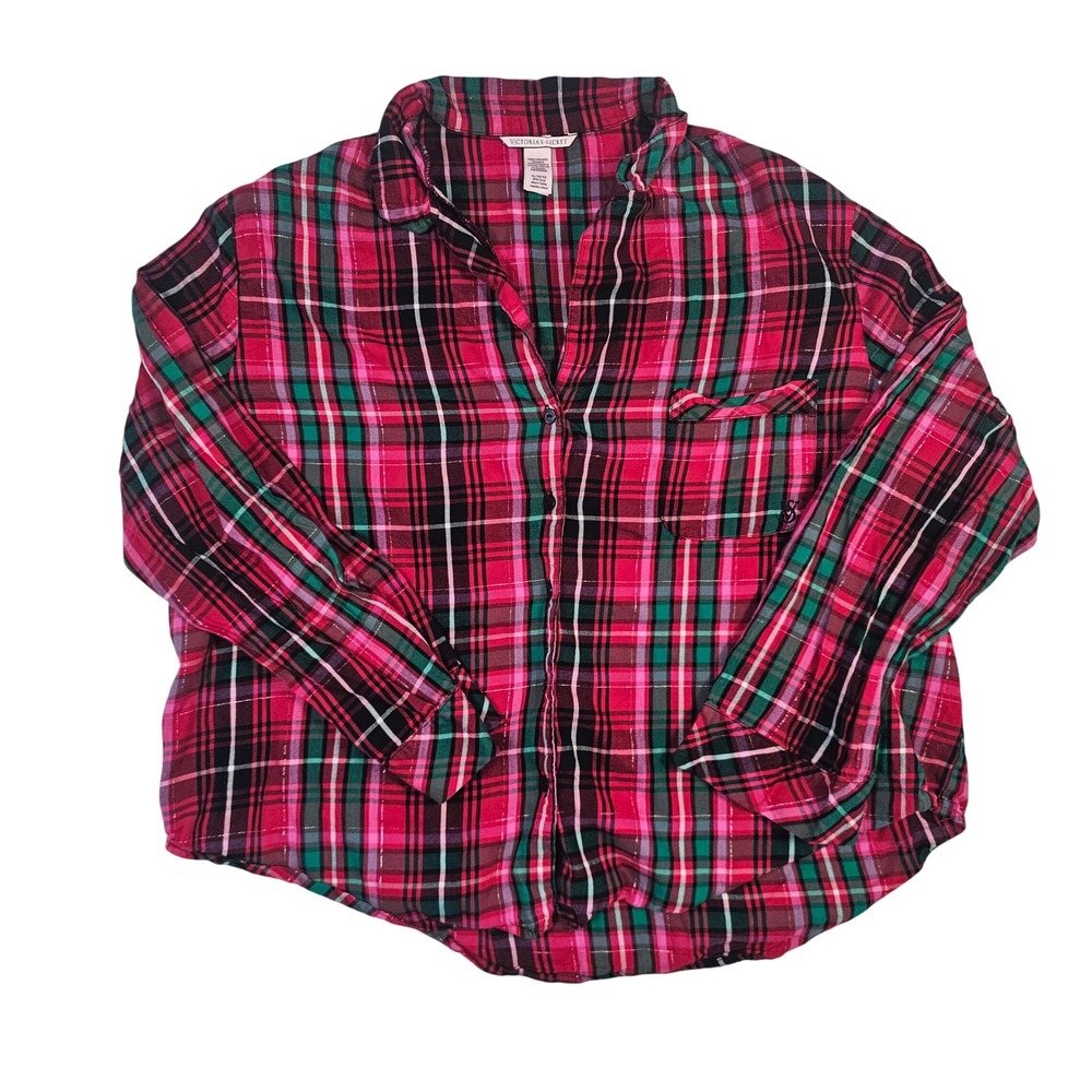 Victorias Secret Flannel Pajama Top XL Pink Red Plaid Metallic Lurex Sleep Shirt